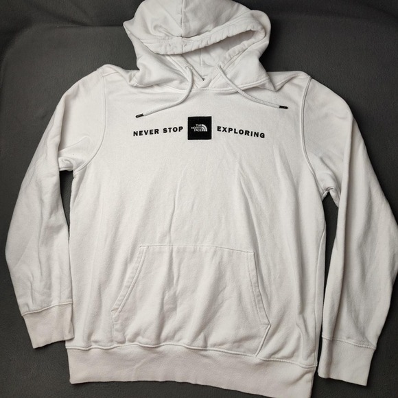 North Face Hoodie Mens Medium White Never Stop Exploring Pullover Sweatshirt F21 - Picture 1 of 10